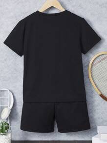 SHEIN 男孩標語圖案T恤和短褲和包 - 黑色 - 查看 2