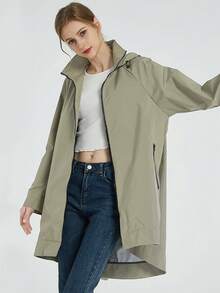 Áo khoác nữ Dây kéo Túi màu trơn Giải trí - xanh quân đội - Xem 4