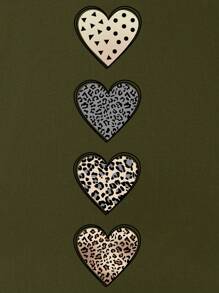 SHEIN EZwear Plus Leopard & Heart Print Drop Shoulder Tee - Army Green - View 4