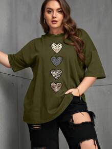 SHEIN EZwear Plus Leopard & Heart Print Drop Shoulder Tee - Army Green - View 6