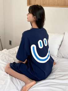 DAZY Cartoon Graphic Drop Shoulder Lounge Dress - Navy Blue - View 1