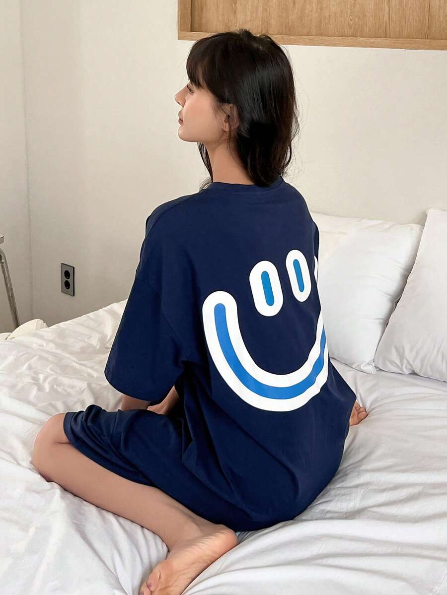 DAZY Cartoon Graphic Drop Shoulder Lounge Dress - Navy Blue - View 1