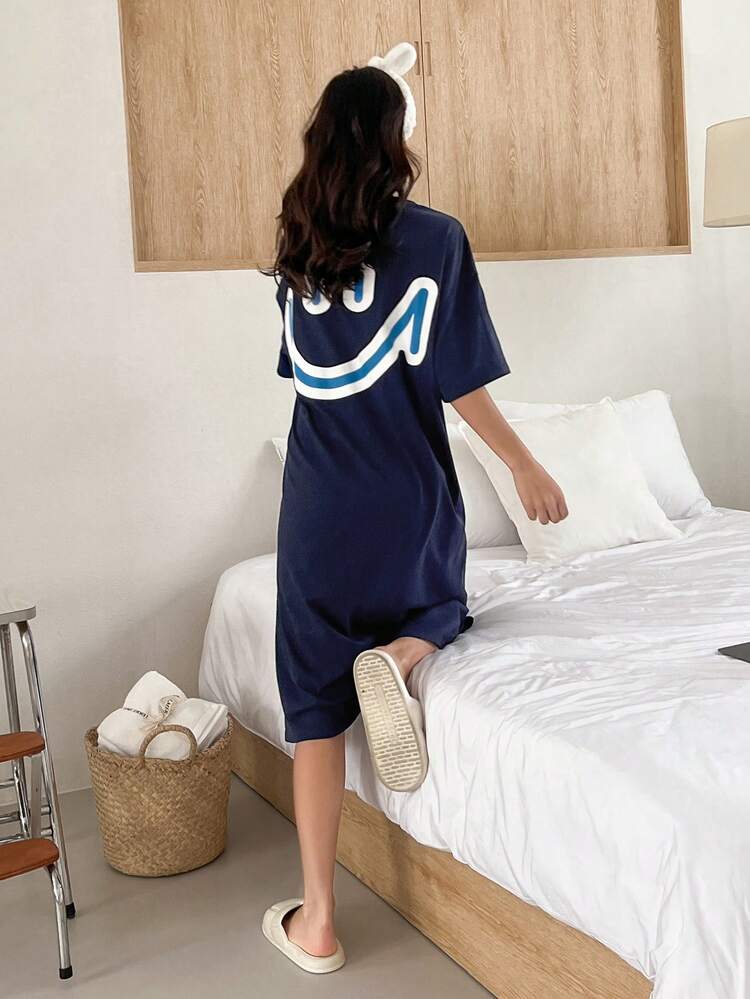 DAZY Cartoon Graphic Drop Shoulder Lounge Dress - Navy Blue - View 4