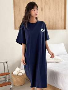 DAZY Cartoon Graphic Drop Shoulder Lounge Dress - Navy Blue - View 7