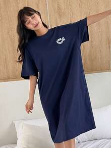 DAZY Cartoon Graphic Drop Shoulder Lounge Dress - Navy Blue - View 8