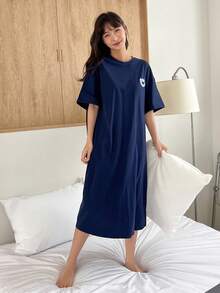 DAZY Cartoon Graphic Drop Shoulder Lounge Dress - Navy Blue - View 9