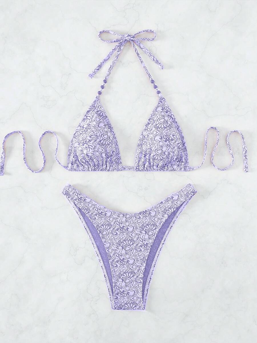 滿版印花掛脖三角杯比基尼泳裝 - 紫丁香色 - 查看 1