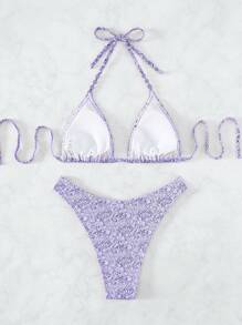 滿版印花掛脖三角杯比基尼泳裝 - 紫丁香色 - 查看 2