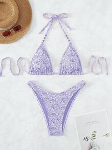 滿版印花掛脖三角杯比基尼泳裝 - 紫丁香色 - 查看 3