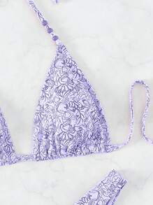 滿版印花掛脖三角杯比基尼泳裝 - 紫丁香色 - 查看 5