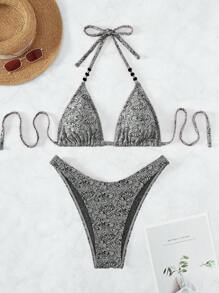 滿版印花掛脖三角杯比基尼泳裝 - 淺灰色 - 查看 3