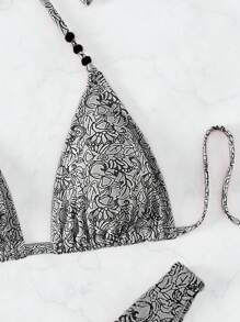 滿版印花掛脖三角杯比基尼泳裝 - 淺灰色 - 查看 4