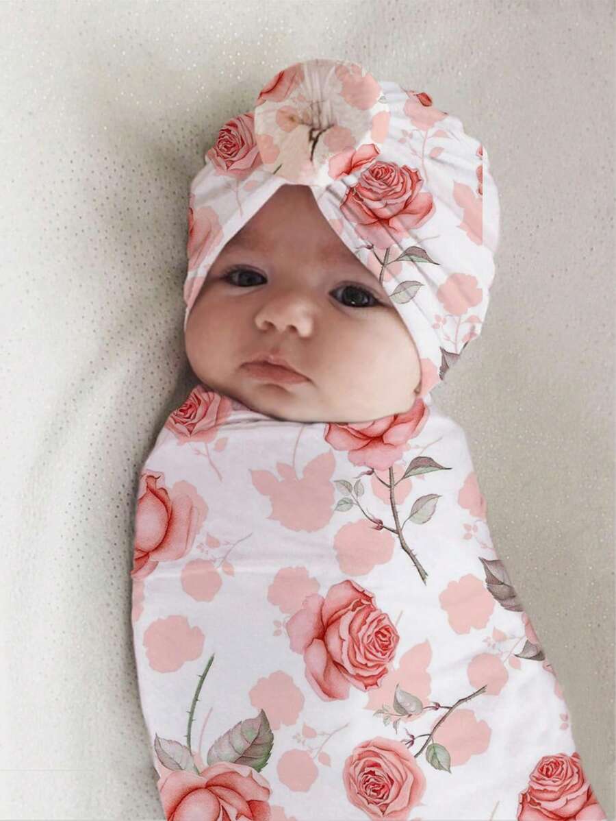 嬰兒女孩新生兒攝影花卉印花包裹毯子和帽子 - 彩色 - 查看 1
