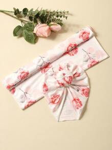 嬰兒女孩新生兒攝影花卉印花包裹毯子和帽子 - 彩色 - 查看 2