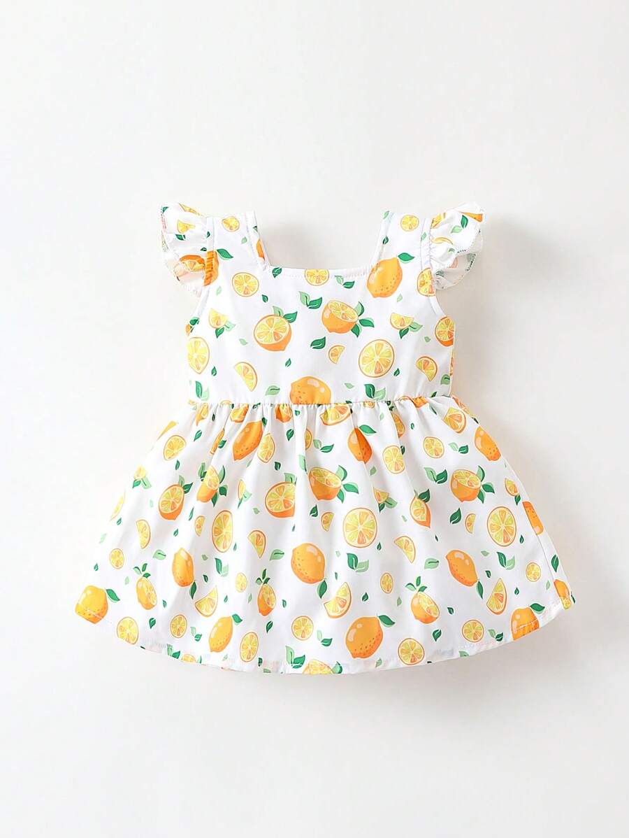 Baby Girl Lemon Print Ruffle Trim Dress - Multicolor - View 1
