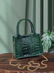 yating 鱷魚壓紋鏈條方包雙把手 - 綠色 - 查看 1