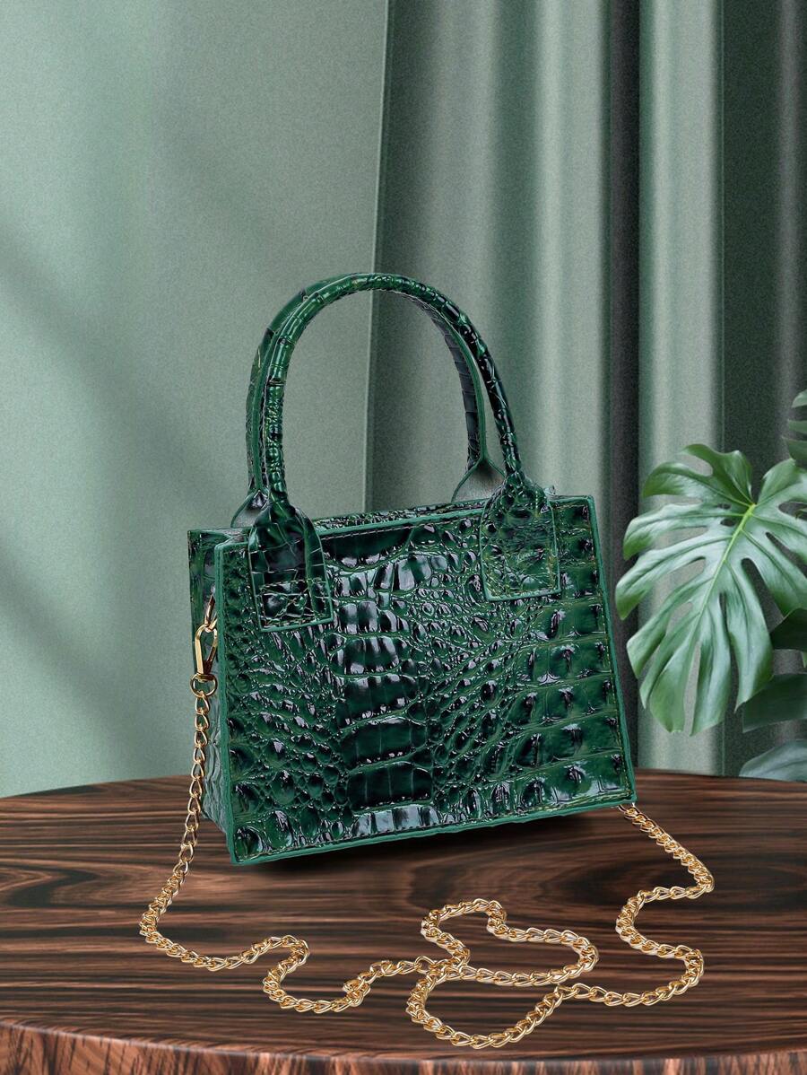 yating 鱷魚壓紋鏈條方包雙把手 - 綠色 - 查看 1