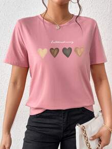 SHEIN Essnce Heart & Letter Graphic Tee - Dusty Pink - View 4
