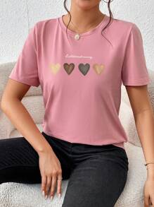 SHEIN Essnce Heart & Letter Graphic Tee - Dusty Pink - View 5