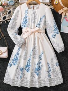 SHEIN Tween Girl Vacation Plant Printed Lantern Sleeve Belted Dress, Suitable For Daily Casual Occasions, Summer And Autumn