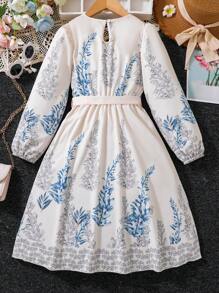 SHEIN Tween Girl Vacation Plant Printed Lantern Sleeve Belted Dress, Suitable For Daily Casual Occasions, Summer And Autumn