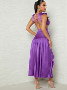 性感揉皺 露背 挖空 繫帶 圓環純色女士連衣裙 - 紫羅蘭色 - 查看 2