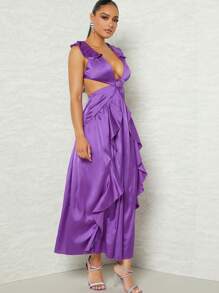 性感揉皺 露背 挖空 繫帶 圓環純色女士連衣裙 - 紫羅蘭色 - 查看 3