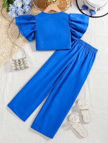 SHEIN Bộ hai mảnh Gái phân lớp Trọn gói màu trơn Dễ thương - Màu xanh lam - Xem 2