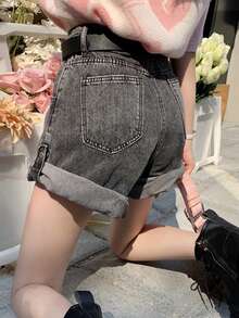 Solid Rolled Hem Denim Shorts Without Belt Casual Summer - Dark Grey - View 2