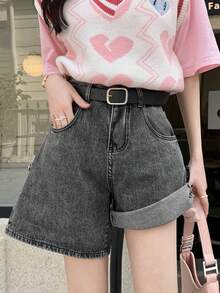 Solid Rolled Hem Denim Shorts Without Belt Casual Summer - Dark Grey - View 3