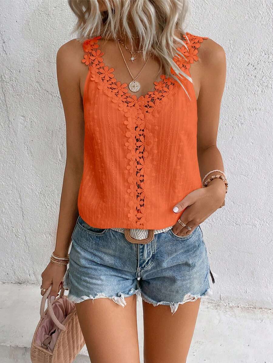 SHEIN LUNE Guipure Lace Panel Wide Strap Top