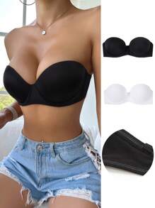Women's Strapless Backless Push Up Bralette Bra In Black And White Plain Fabric - Black and White - View 3