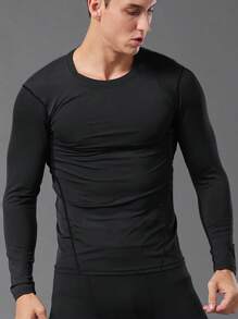 Manfinity Fitness Men Solid Sports Tee Long Sleeve Shirt ,Men Compression Top Workout Tops Gym Top Fall Compression Shirt  Breathable - Black - View 1