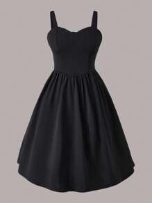 SHEIN 青少年女孩素色吊帶連衣裙 - 黑色 - 查看 1