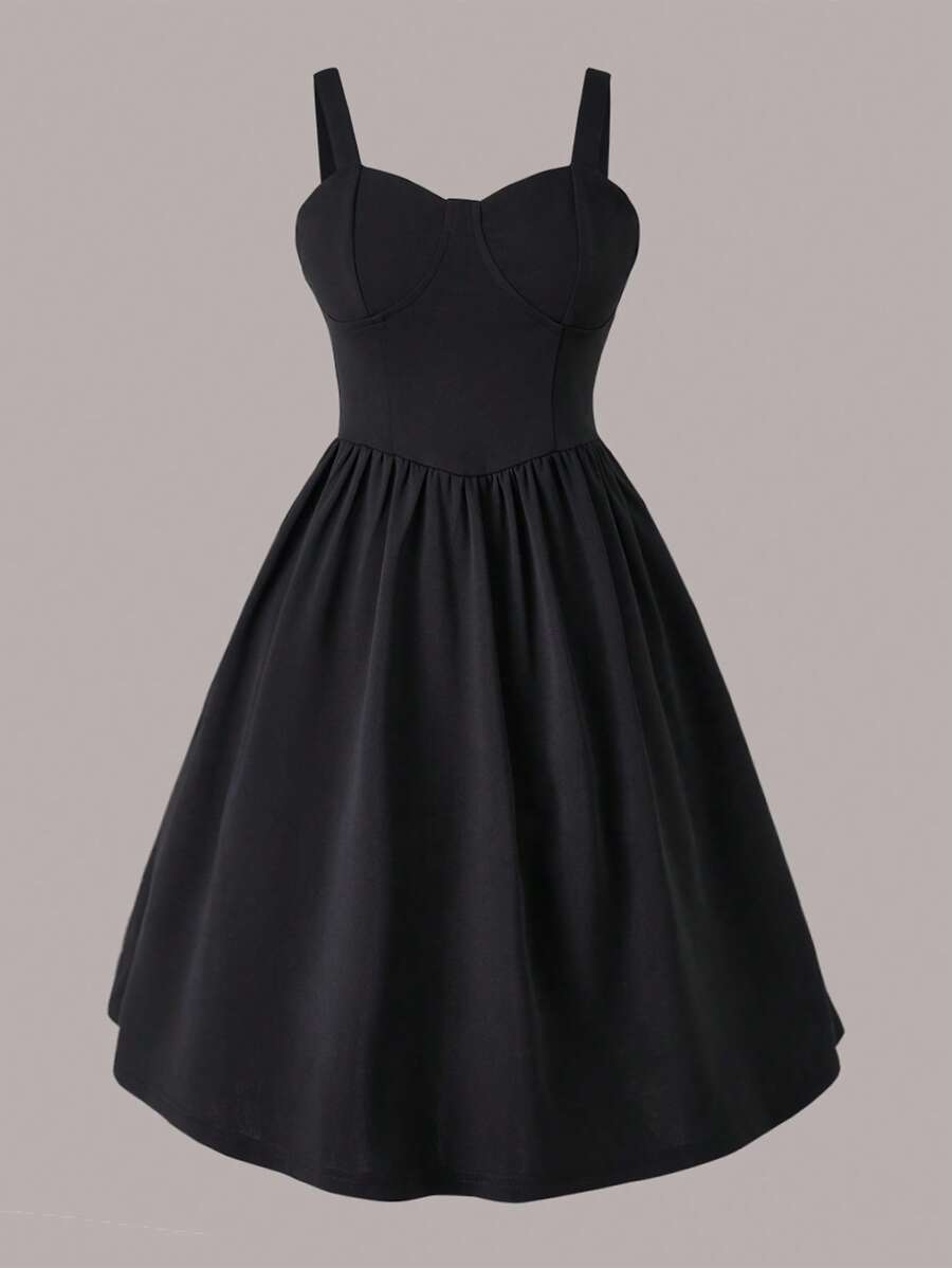 SHEIN 青少年女孩素色吊帶連衣裙 - 黑色 - 查看 1