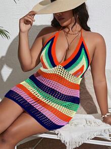 SHEIN Holidaya 大碼撞色鏤空繞頸露背罩衫連衣裙不附比基尼 - 彩色 - 查看 5