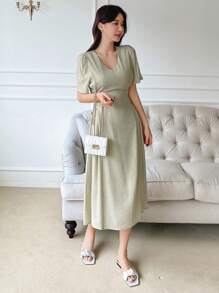 DAZY Chất rắn Ống tay áo Ren Up Side Đầm - màu xanh lá - Xem 7