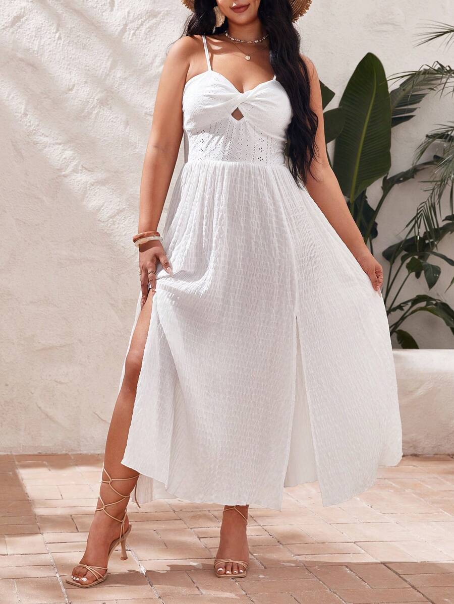 SHEIN VCAY 大碼前扭結高衩吊帶連衣裙 - 白色 - 查看 1