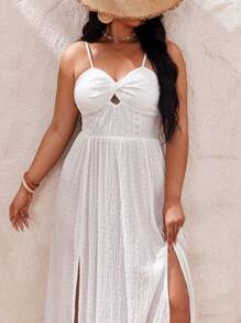 SHEIN VCAY 大碼前扭結高衩吊帶連衣裙 - 白色 - 查看 5