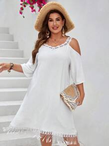 SHEIN VCAY 大碼挖肩流蘇下擺洋裝 - 白色 - 查看 4
