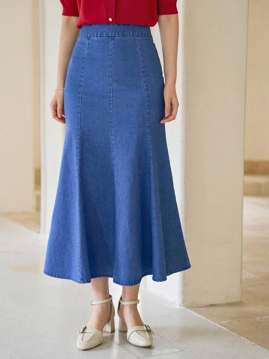 DAZY 美人鱼下摆牛仔裙 - 中等水洗藍 - 查看 1