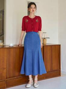 DAZY 美人鱼下摆牛仔裙 - 中等水洗藍 - 查看 3