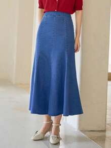 DAZY 美人鱼下摆牛仔裙 - 中等水洗藍 - 查看 4