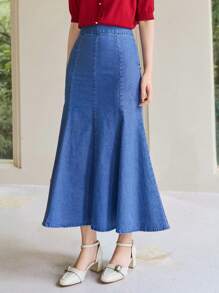 DAZY 美人鱼下摆牛仔裙 - 中等水洗藍 - 查看 5