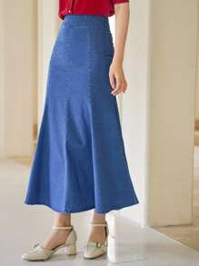 DAZY 美人鱼下摆牛仔裙 - 中等水洗藍 - 查看 7