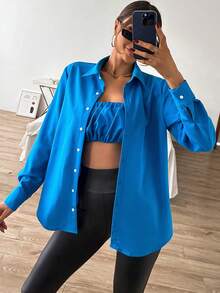 SHEIN Privé 素色前紐扣襯衫 - 藍色 - 查看 2