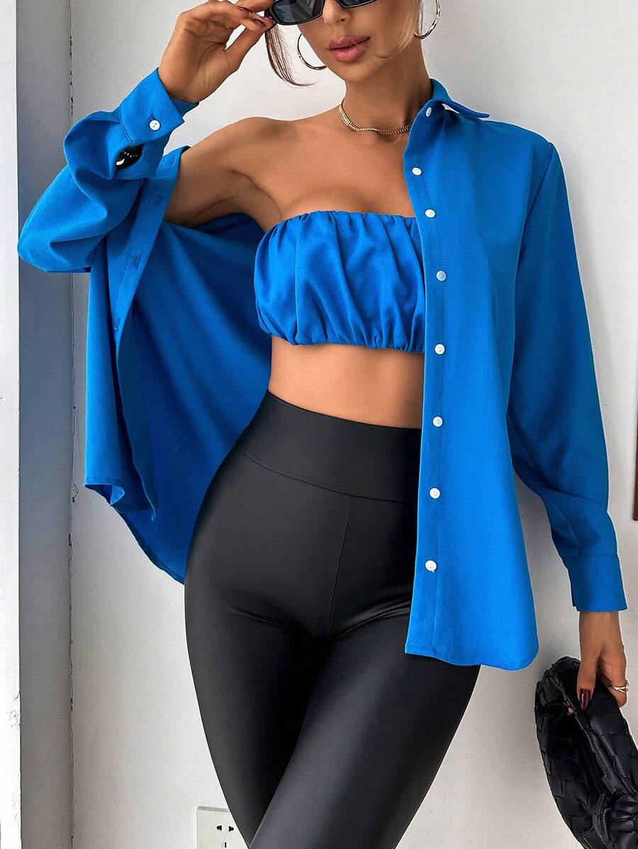 SHEIN Privé 素色前紐扣襯衫 - 藍色 - 查看 1