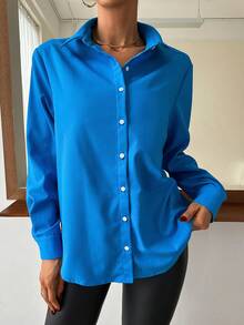 SHEIN Privé 素色前紐扣襯衫 - 藍色 - 查看 5