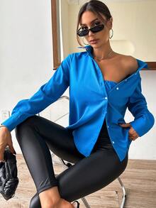 SHEIN Privé 素色前紐扣襯衫 - 藍色 - 查看 6