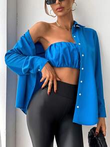 SHEIN Privé 素色前紐扣襯衫 - 藍色 - 查看 7